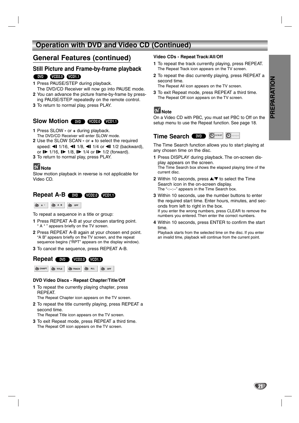 Prep ara tion, Still picture and frame-by-frame playback, Slow motion | Repeat a-b, Repeat, Time search | Toshiba SD-44HKSE  EN User Manual | Page 21 / 34
