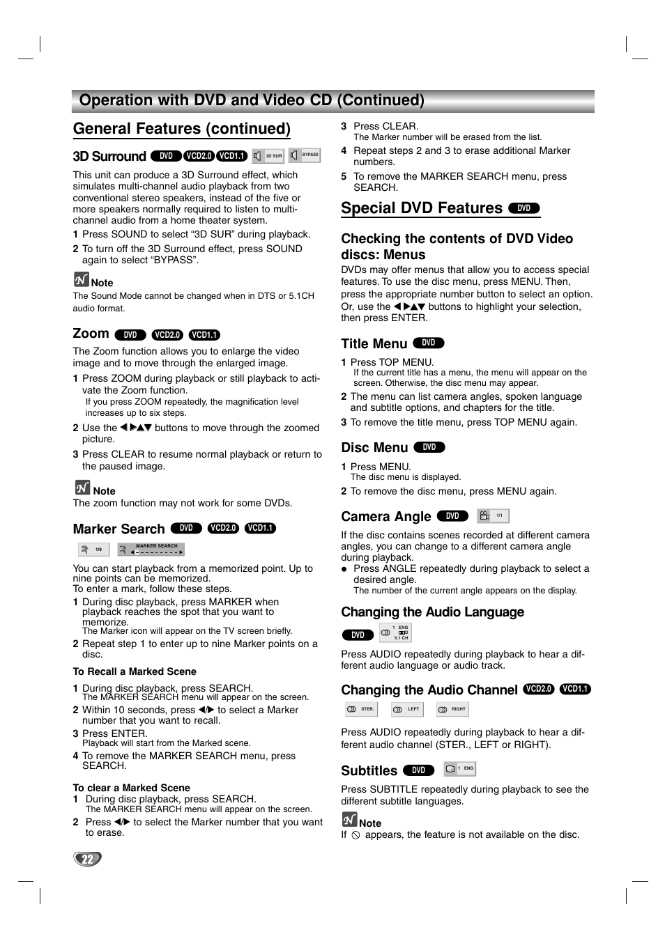 Special dvd features, 3d surround, Zoom | Marker search, Checking the contents of dvd video discs: menus, Title menu, Disc menu, Camera angle, Changing the audio language, Changing the audio channel | Toshiba SD-44HKSE  EN User Manual | Page 22 / 34