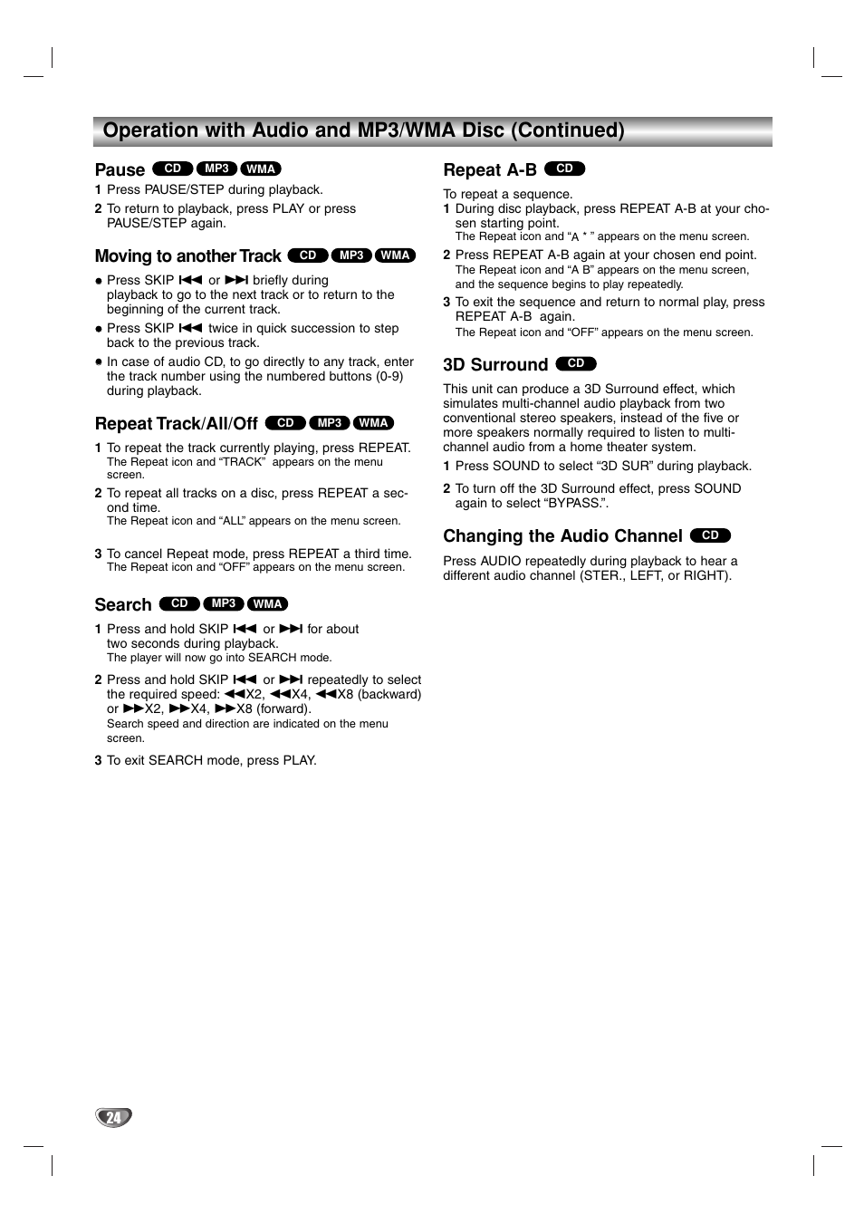 Operation with audio and mp3/wma disc (continued), Pause, Moving to another track | Repeat track/all/off, Search, Repeat a-b, 3d surround, Changing the audio channel | Toshiba SD-44HKSE  EN User Manual | Page 24 / 34