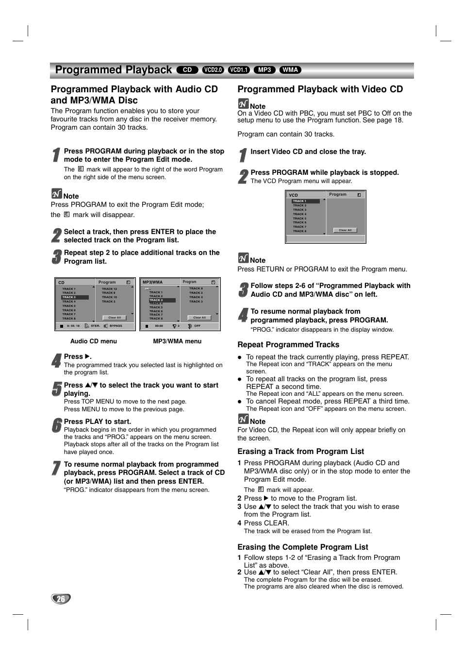 Programmed playback, Programmed playback with audio cd and mp3/wma disc, Programmed playback with video cd | Toshiba SD-44HKSE  EN User Manual | Page 26 / 34