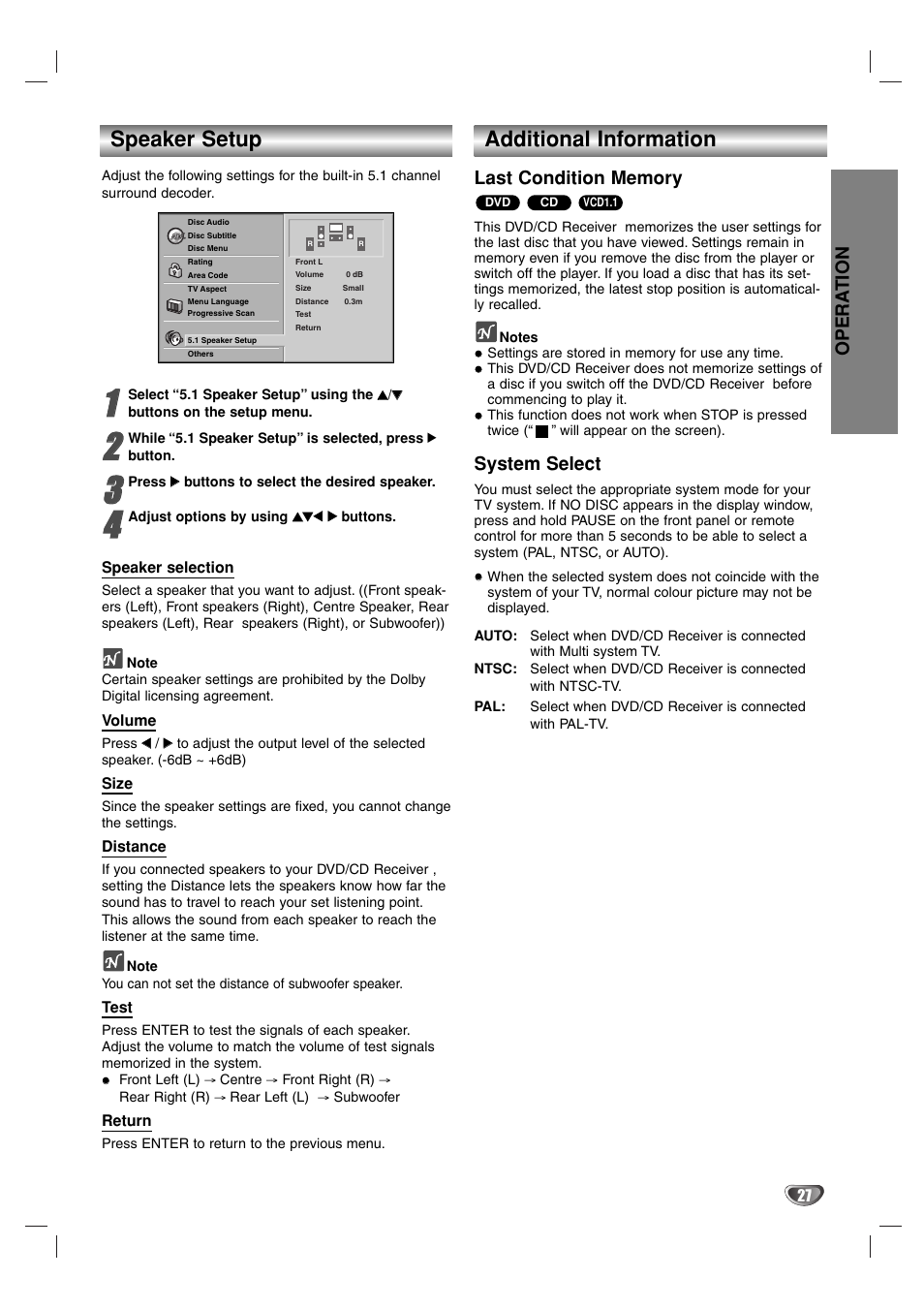 Speaker setup, Additional information, Opera tion | System select | Toshiba SD-44HKSE  EN User Manual | Page 27 / 34