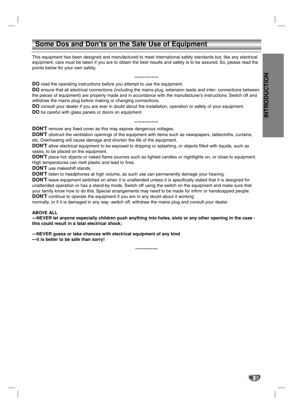 Some dos and don’ts on the safe use of equipment, Intr oduction | Toshiba SD-44HKSE  EN User Manual | Page 3 / 34