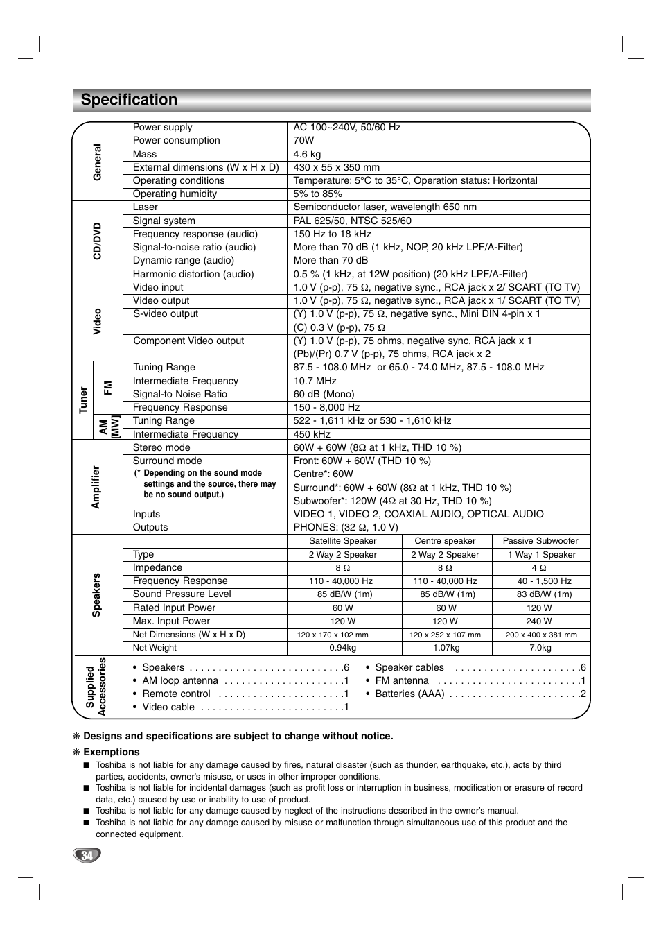 Specification | Toshiba SD-44HKSE  EN User Manual | Page 34 / 34