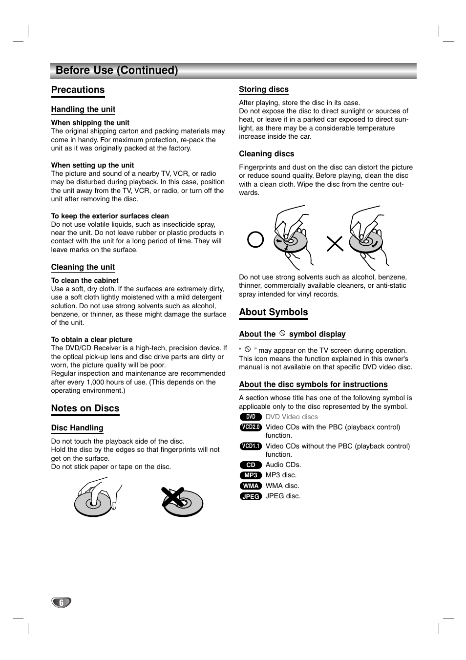 Before use (continued), Precautions, About symbols | Toshiba SD-44HKSE  EN User Manual | Page 6 / 34