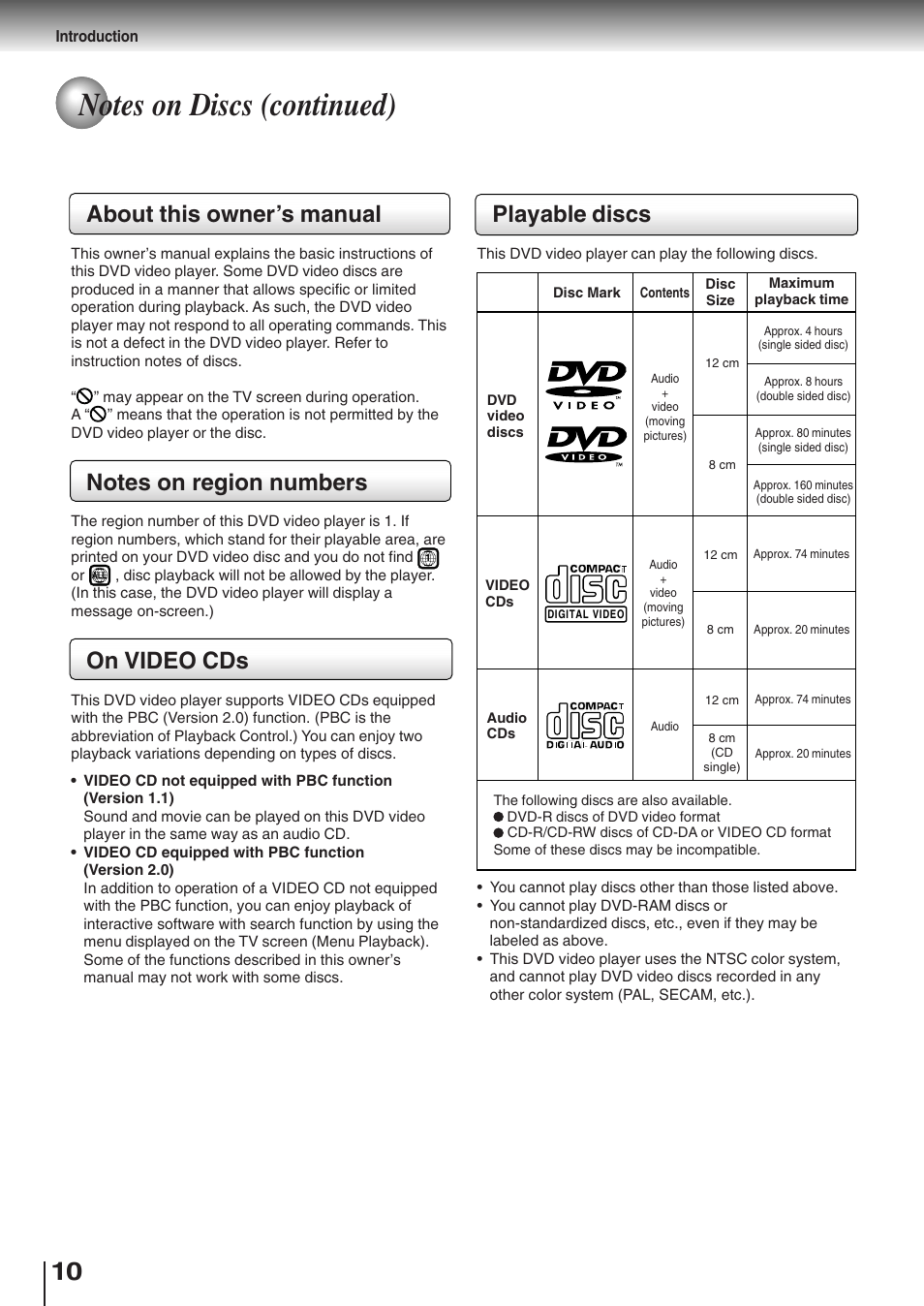 About this owner’s manual, On video cds, Playable discs | Toshiba SD-K510 User Manual | Page 10 / 59