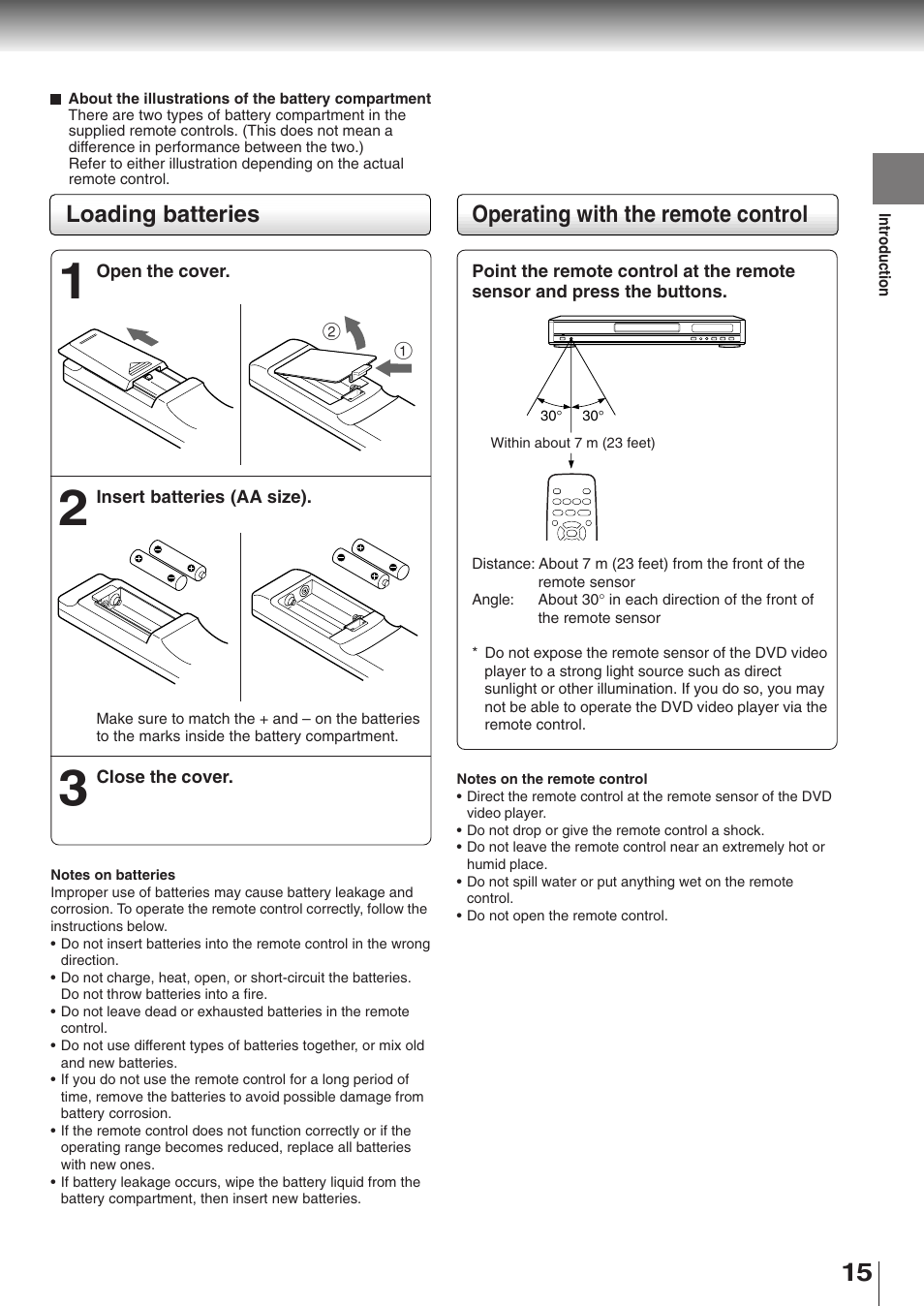 Operating with the remote control, Loading batteries | Toshiba SD-K510 User Manual | Page 15 / 59