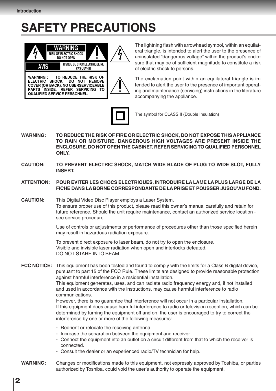 Introduction, Safety precautions, Avis | Warning | Toshiba SD-K510 User Manual | Page 2 / 59