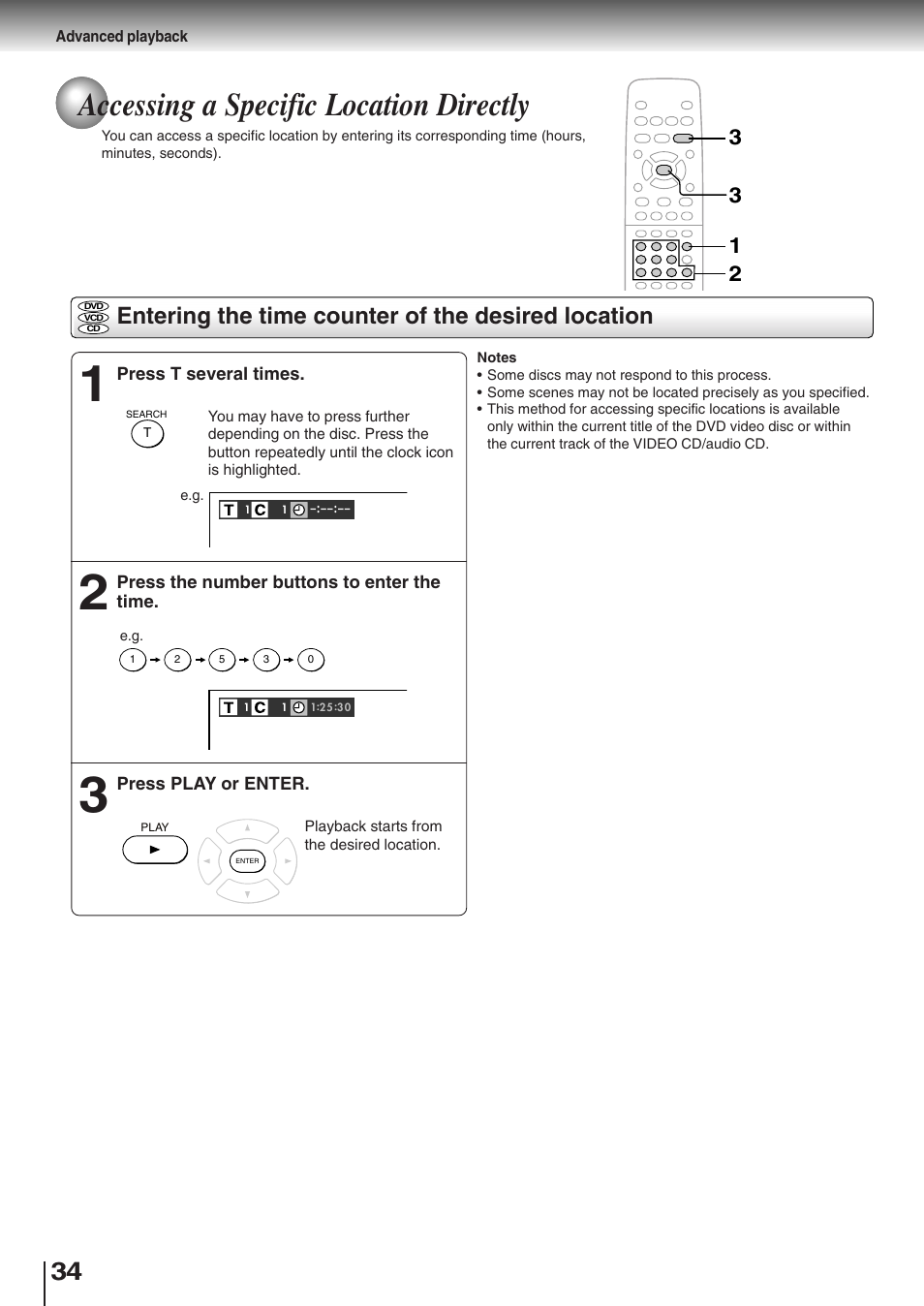 Accessing a specific location directly, Entering the time counter of the desired location | Toshiba SD-K510 User Manual | Page 32 / 59