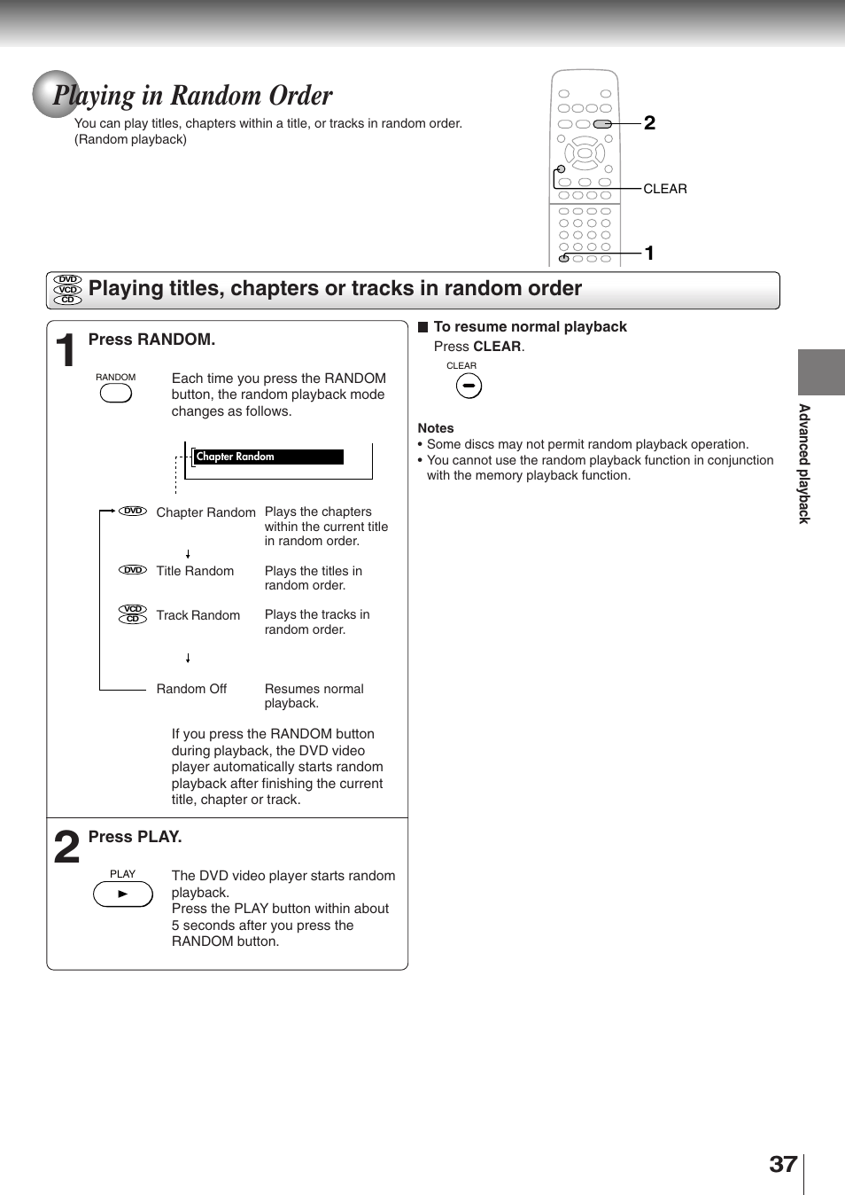 Playing in random order, Playing titles, chapters or tracks in random order | Toshiba SD-K510 User Manual | Page 35 / 59