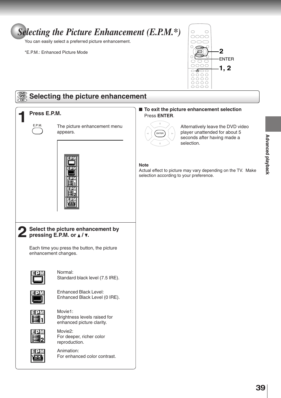 Selecting the picture enhancement, Selecting the picture enhancement (e.p.m.*) | Toshiba SD-K510 User Manual | Page 37 / 59