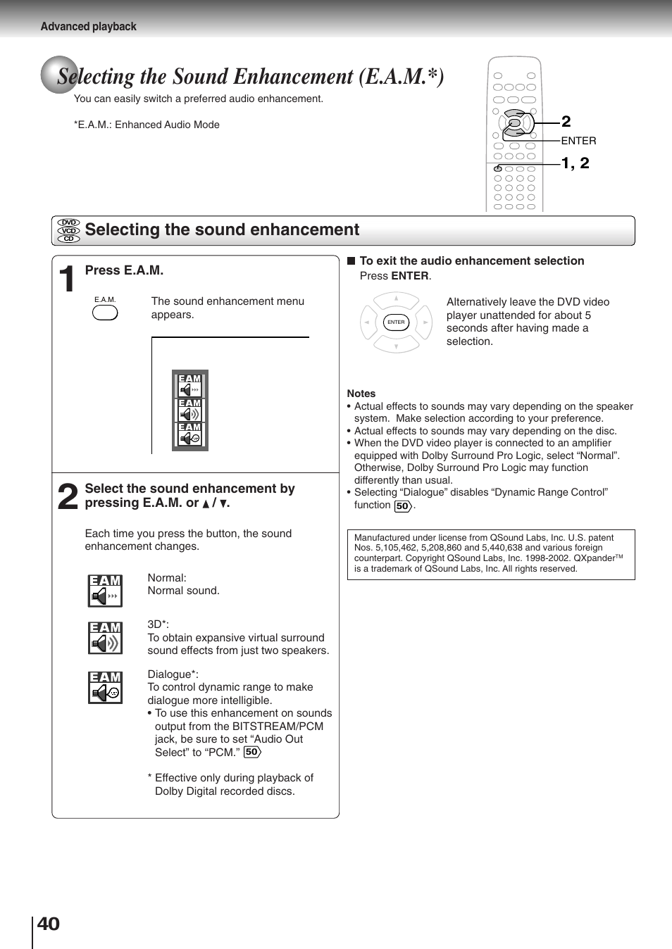 Selecting the sound enhancement (e.a.m.*), Selecting the sound enhancement | Toshiba SD-K510 User Manual | Page 38 / 59