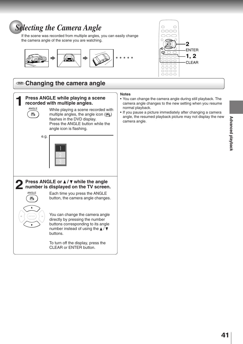 Selecting the camera angle, Changing the camera angle | Toshiba SD-K510 User Manual | Page 39 / 59