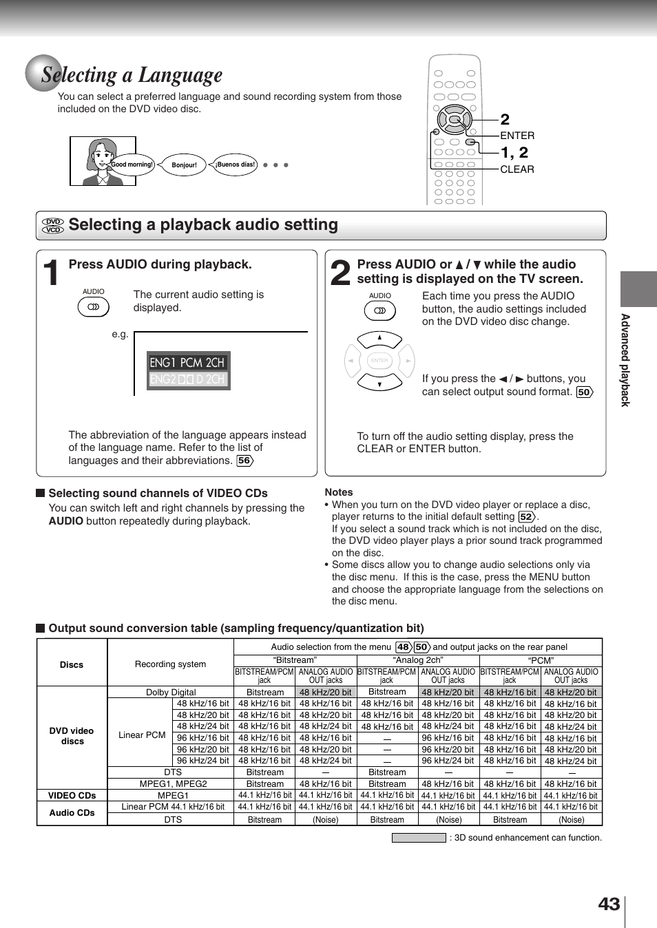 Selecting a language, Selecting a playback audio setting, Press audio during playback | Toshiba SD-K510 User Manual | Page 41 / 59