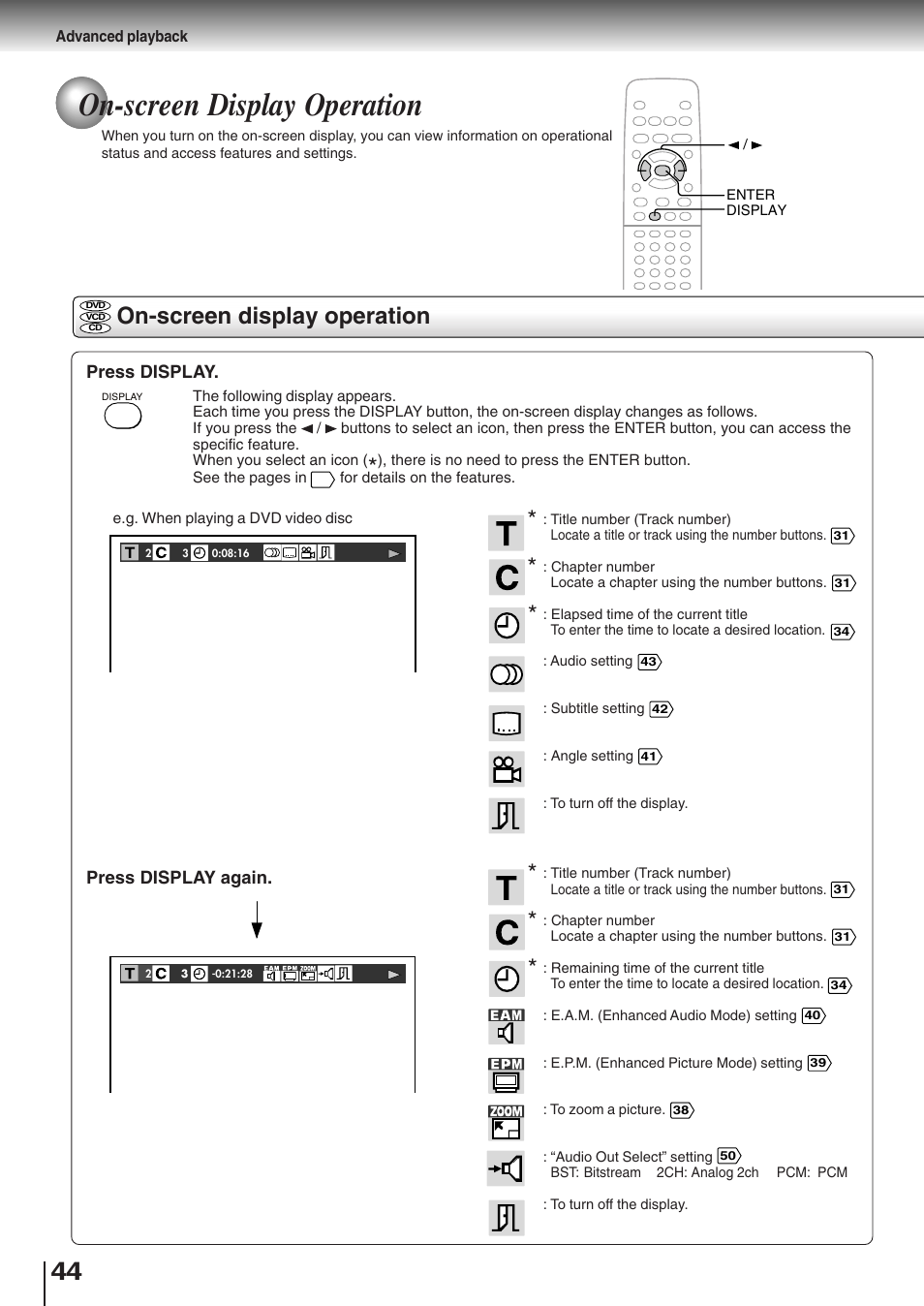 On-screen display options, On-screen display operation | Toshiba SD-K510 User Manual | Page 42 / 59