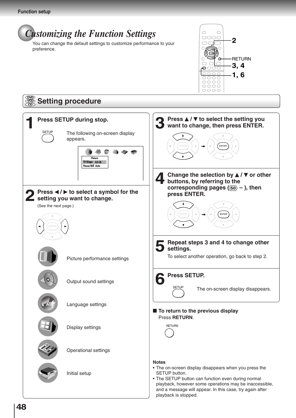 Customizing the function settings, Setting procedure | Toshiba SD-K510 User Manual | Page 45 / 59