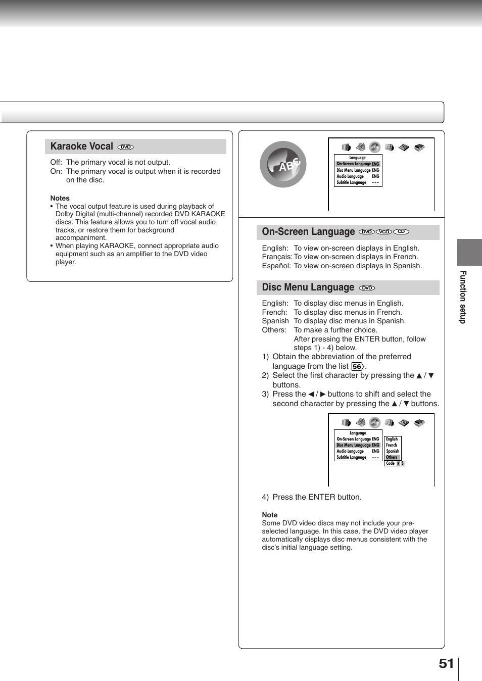 Karaoke vocal, On-screen language, Disc menu language | Ab c, Function setup | Toshiba SD-K510 User Manual | Page 48 / 59