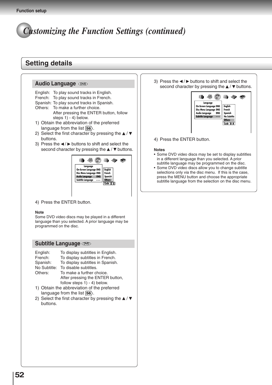 Customizing the function settings (continued), Setting details, Audio language | Subtitle language | Toshiba SD-K510 User Manual | Page 49 / 59