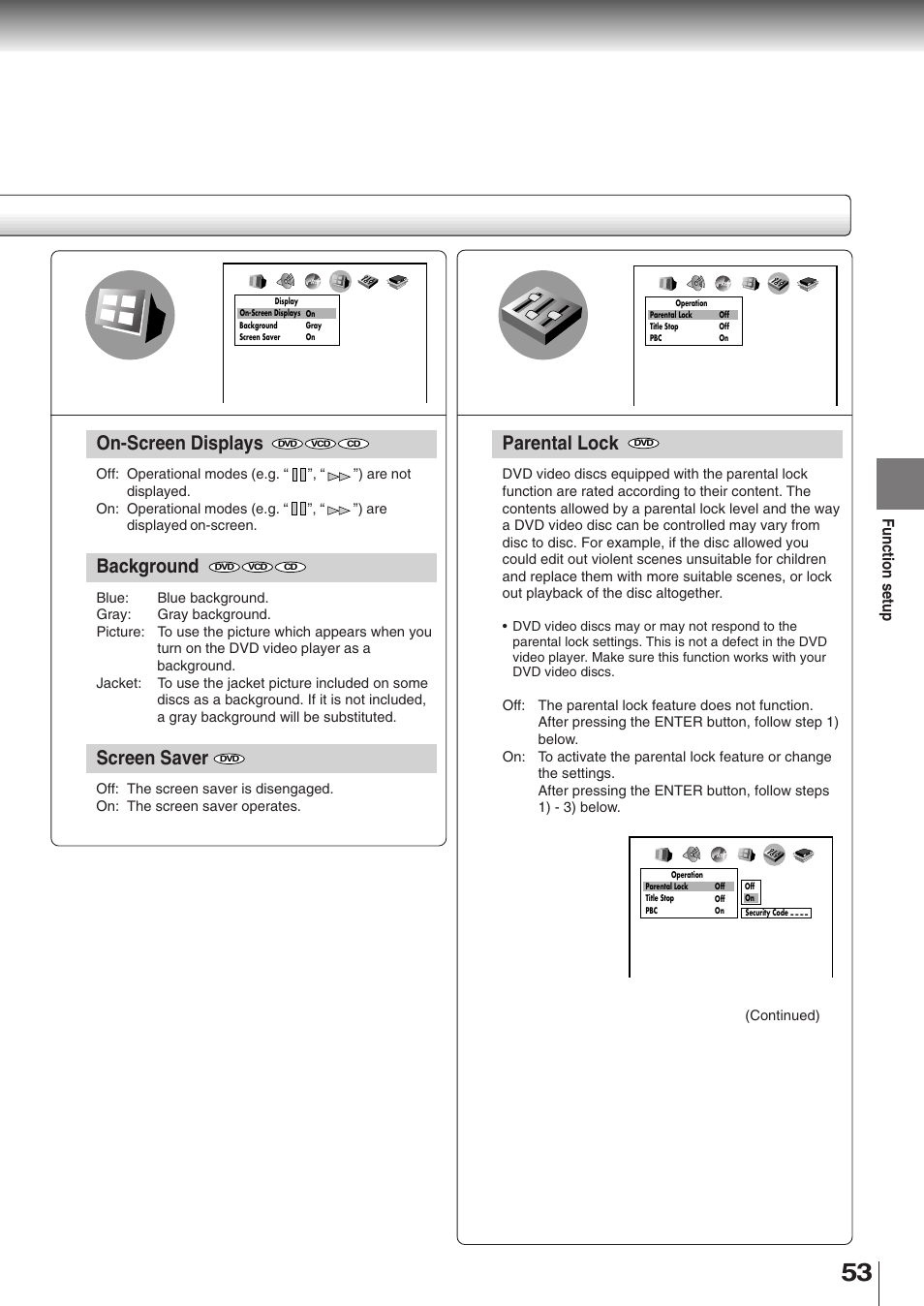 On-screen displays, Background, Screen saver | Parental lock, Function setup | Toshiba SD-K510 User Manual | Page 50 / 59