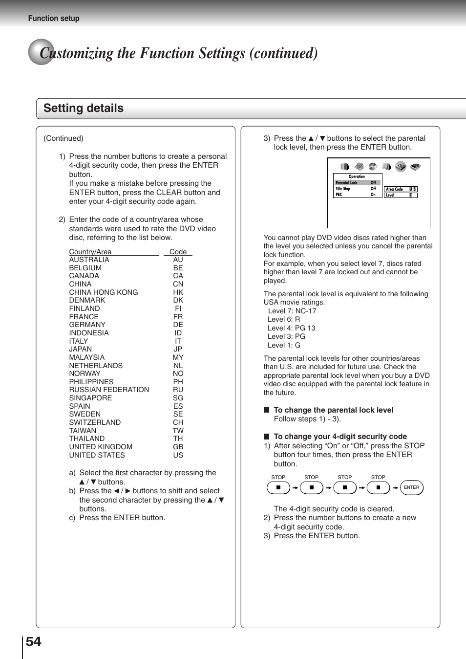 Customizing the function settings (continued), Setting details | Toshiba SD-K510 User Manual | Page 51 / 59