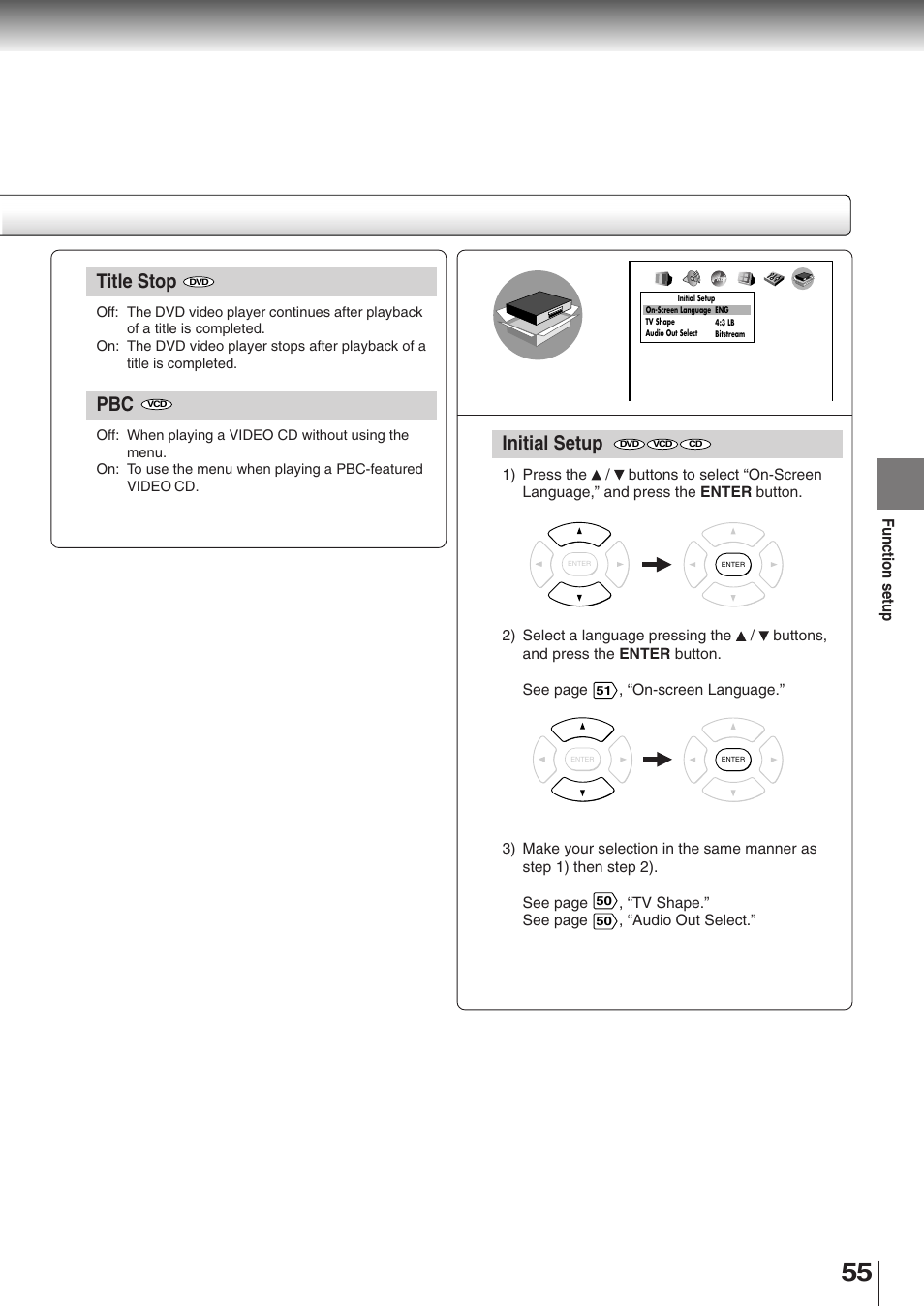 Title stop, Initial setup | Toshiba SD-K510 User Manual | Page 52 / 59