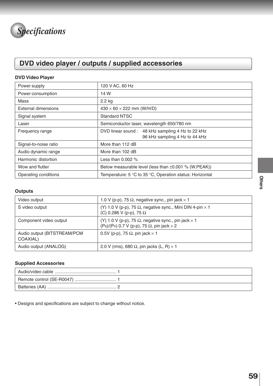 Specifications, Dvd video player / outputs / supplied accessories | Toshiba SD-K510 User Manual | Page 56 / 59