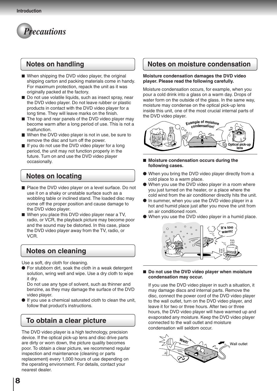 Precautions | Toshiba SD-K510 User Manual | Page 8 / 59