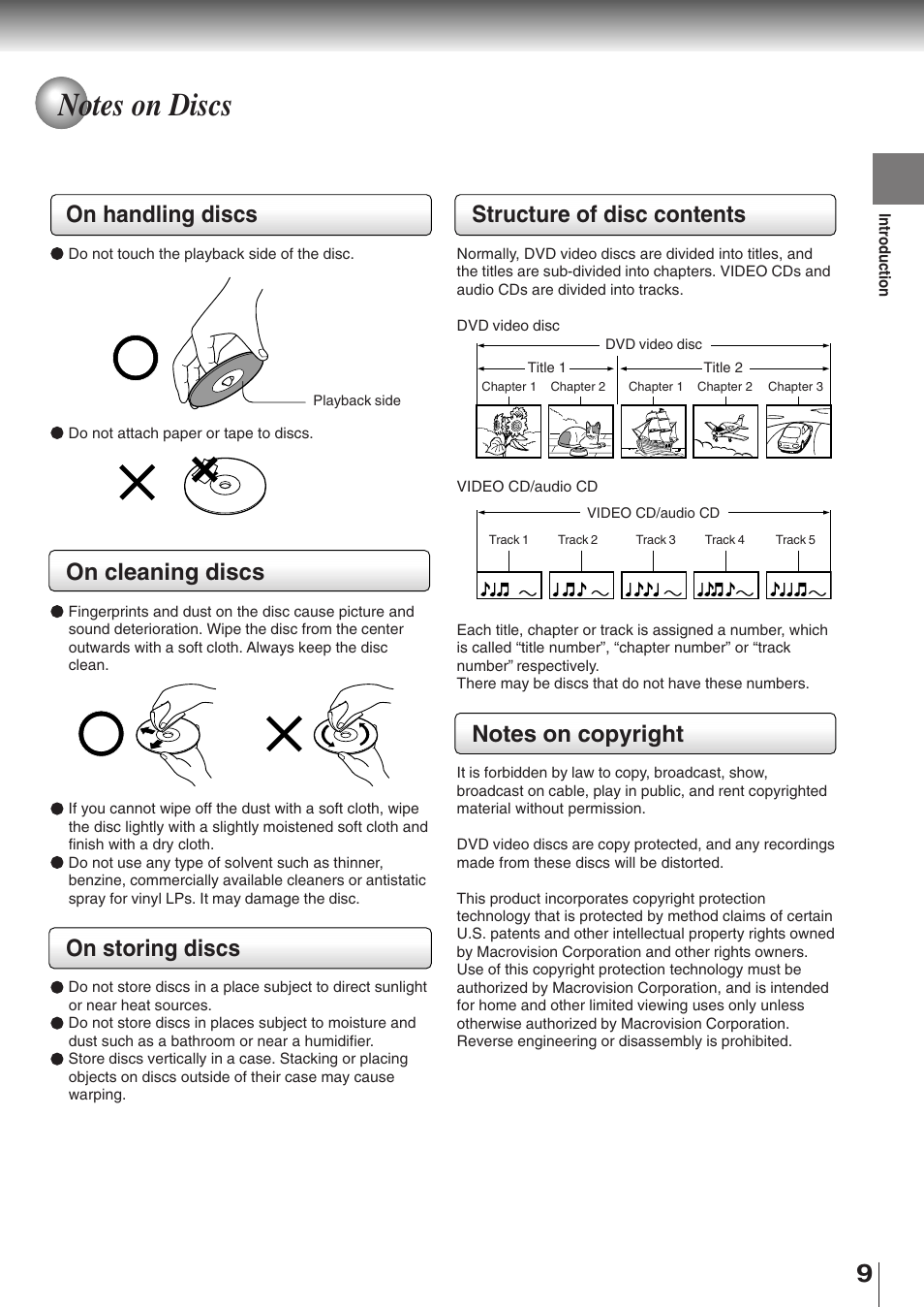 Notes on discs, On handling discs, On cleaning discs | On storing discs, Structure of disc contents | Toshiba SD-K510 User Manual | Page 9 / 59