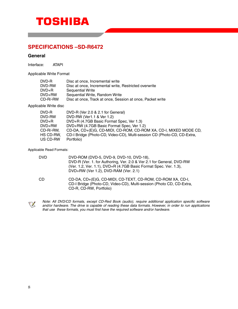 Specifications –sd-r6472 | Toshiba SD-R6472 User Manual | Page 10 / 14