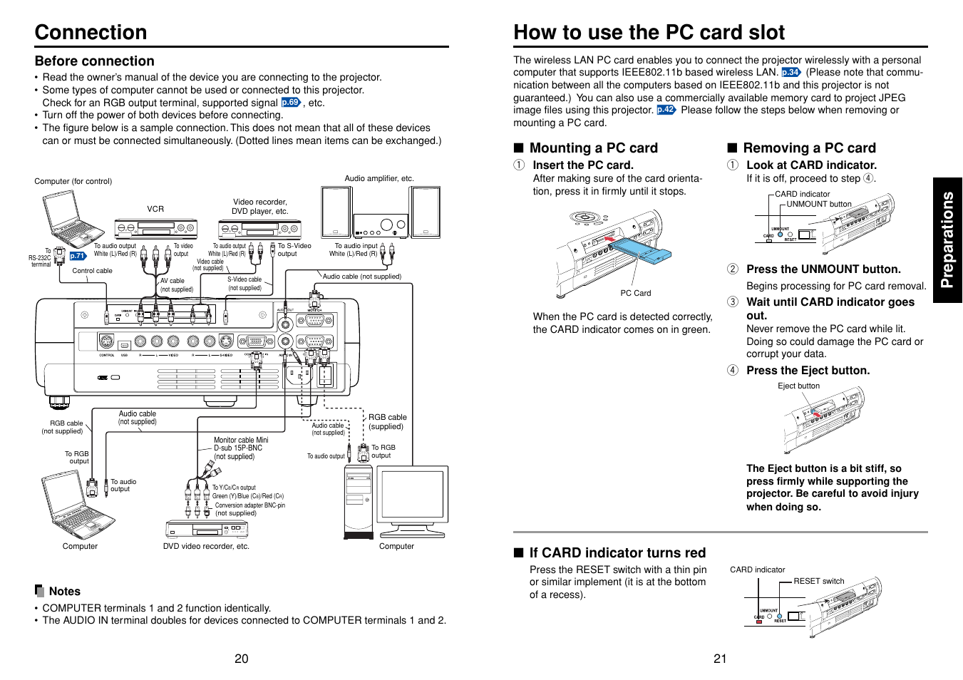 Connection, How to use the pc card slot, P.21 | Preparations, Before connection, Removing a pc card, Mounting a pc card, If card indicator turns red | Toshiba TDP-SW80 User Manual | Page 11 / 37