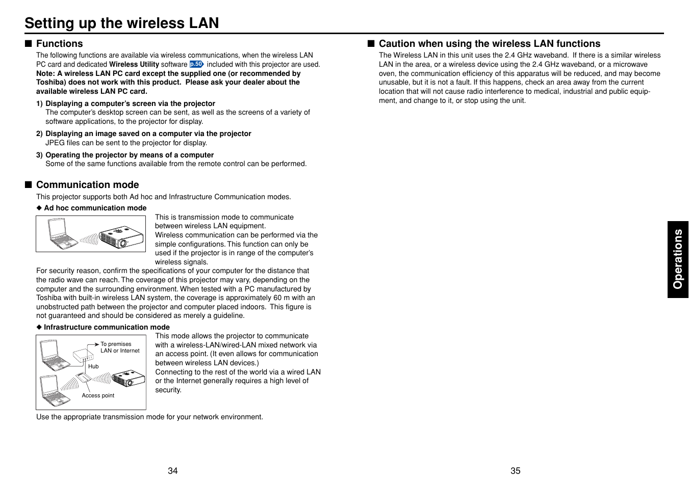 Setting up the wireless lan, Functions, Communication mode | Caution when using the wireless lan functions, P.34, Operations | Toshiba TDP-SW80 User Manual | Page 18 / 37