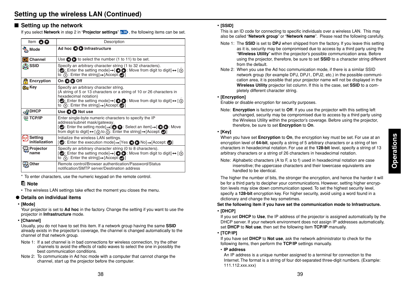 Setting up the network, Operations, Setting up the wireless lan (continued) | Toshiba TDP-SW80 User Manual | Page 20 / 37