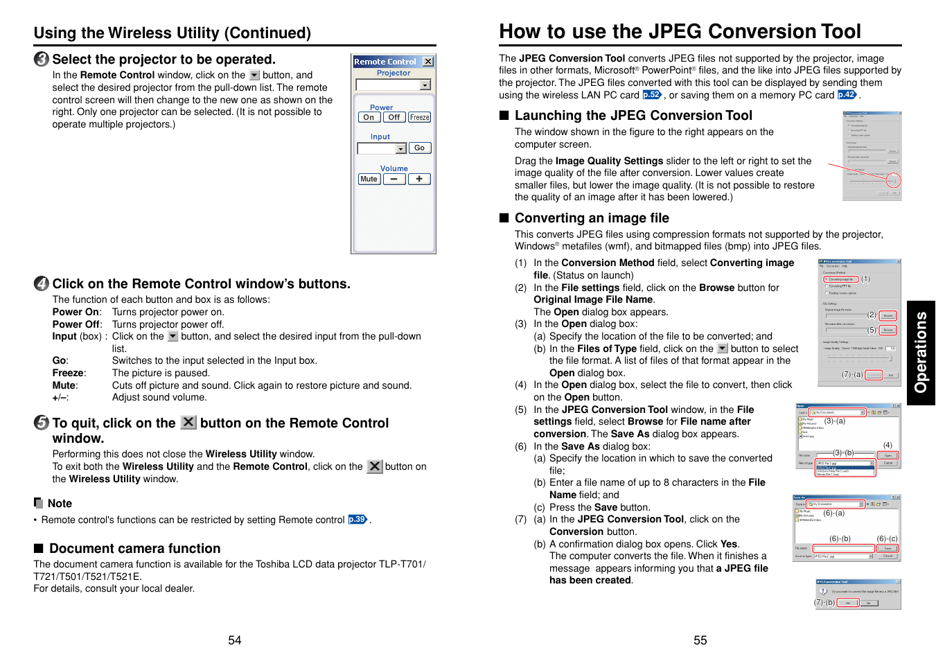 Document camera function, How to use the jpeg conversion tool, Launching the jpeg conversion tool | Converting an image file, Operations, Using the wireless utility (continued) | Toshiba TDP-SW80 User Manual | Page 28 / 37
