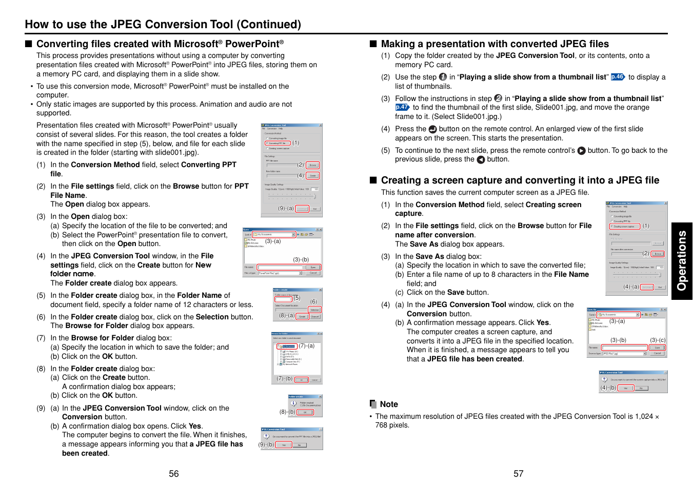 Making a presentation with converted jpeg files, Operations, How to use the jpeg conversion tool (continued) | Converting files created with microsoft, Powerpoint | Toshiba TDP-SW80 User Manual | Page 29 / 37