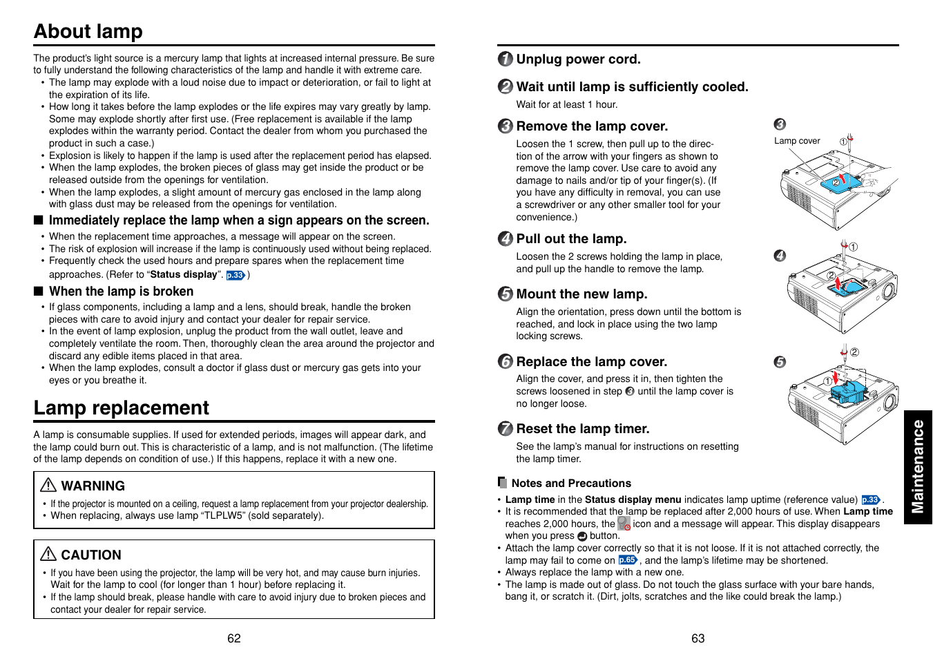 Maintenance, About lamp, Lamp replacement | P.63 | Toshiba TDP-SW80 User Manual | Page 32 / 37