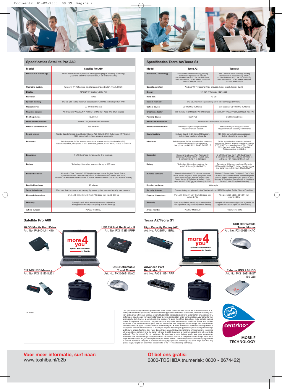 Specificaties tecra a2/tecra s1, Satellite pro a60, Tecra a2/tecra s1 | Toshiba A2 User Manual | Page 2 / 2