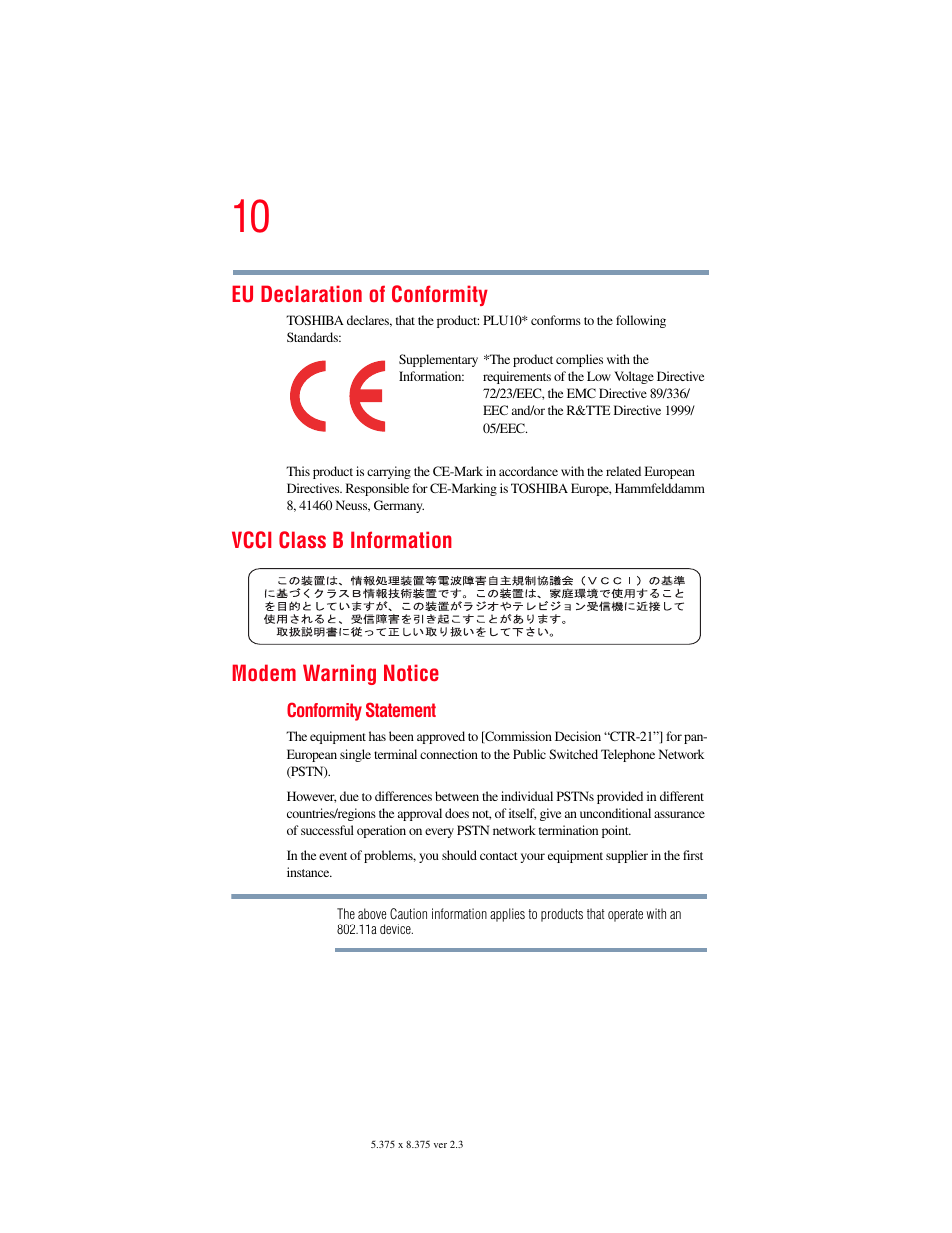 Eu declaration of conformity, Vcci class b information modem warning notice | Toshiba P100/P105 User Manual | Page 10 / 280