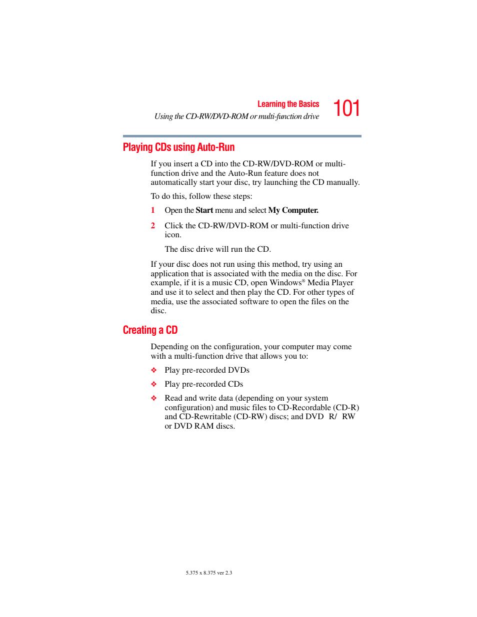 Playing cds using auto-run, Creating a cd, Playing cds using auto-run creating a cd | Toshiba P100/P105 User Manual | Page 101 / 280