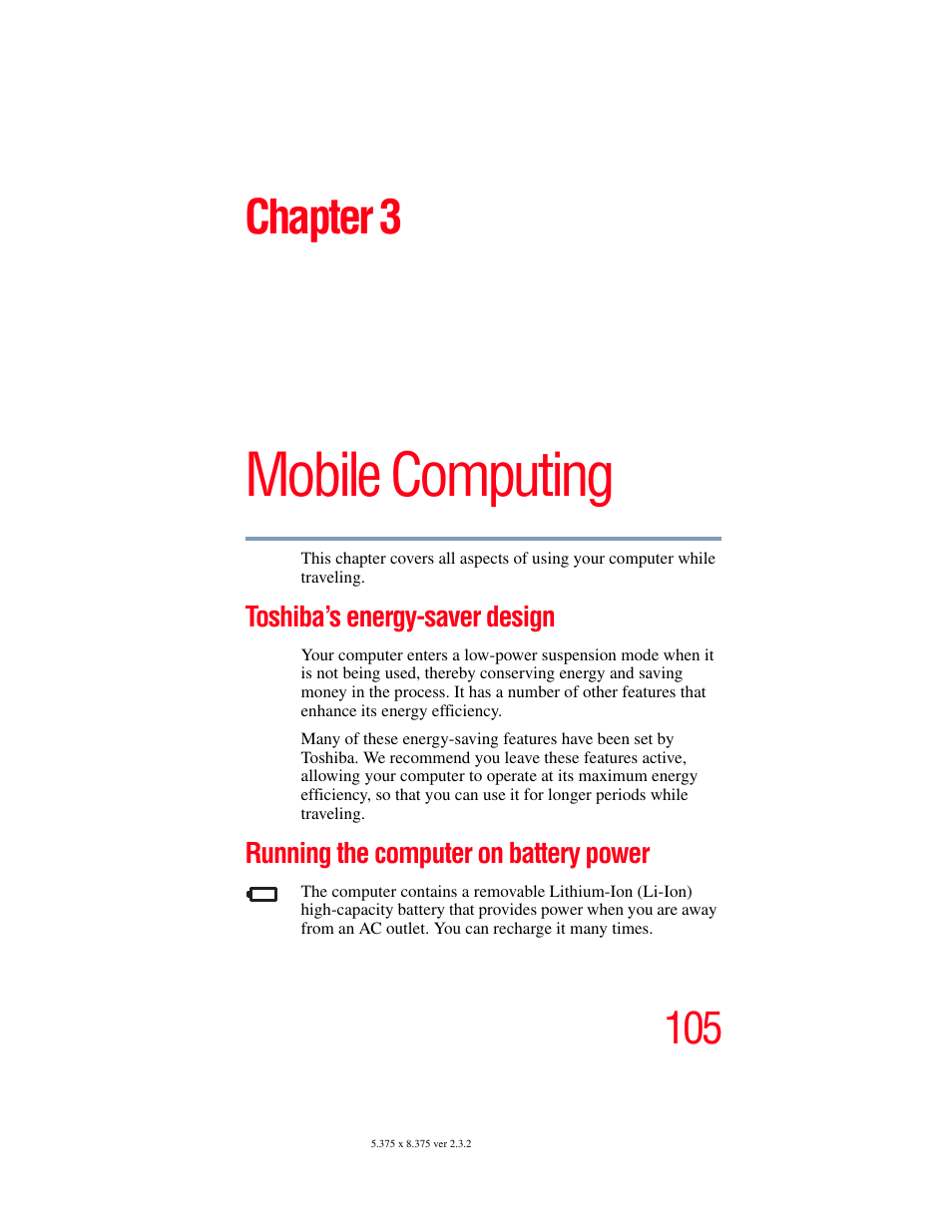 Chapter 3: mobile computing, Toshiba’s energy-saver design, Running the computer on battery power | Running the computer on battery, Mobile computing, Chapter 3 | Toshiba P100/P105 User Manual | Page 105 / 280