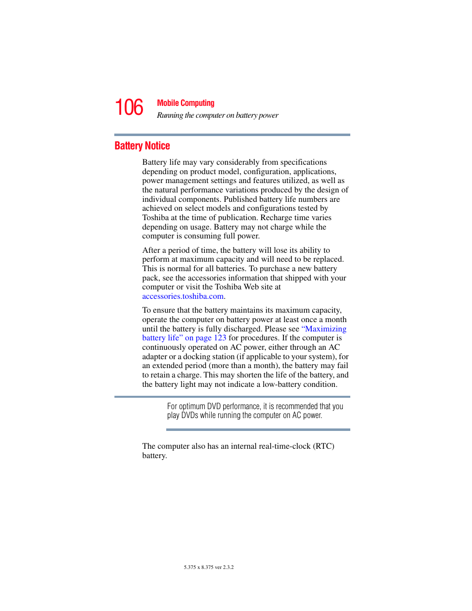 Battery notice | Toshiba P100/P105 User Manual | Page 106 / 280