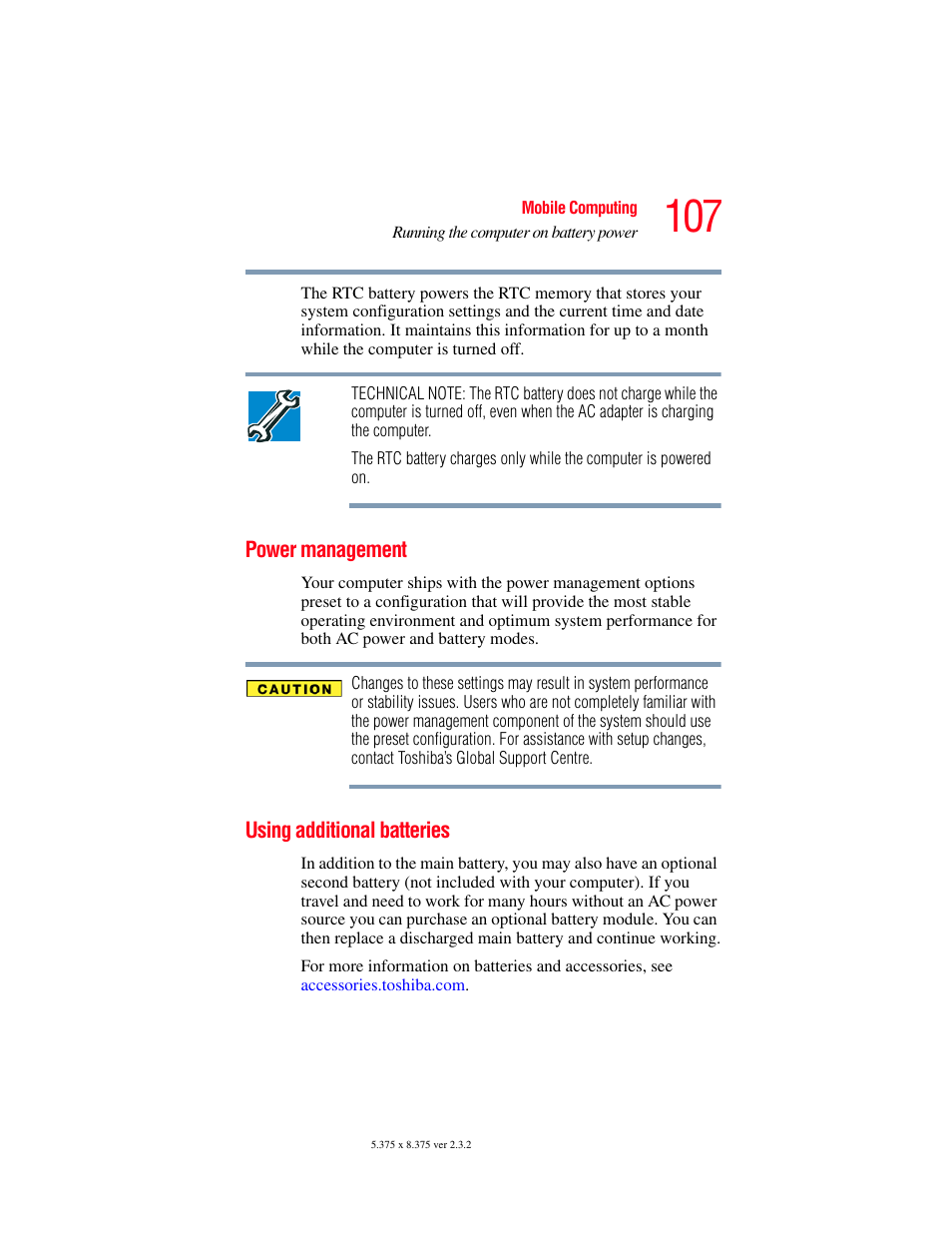 Power management, Using additional batteries, Power management using additional batteries | Toshiba P100/P105 User Manual | Page 107 / 280