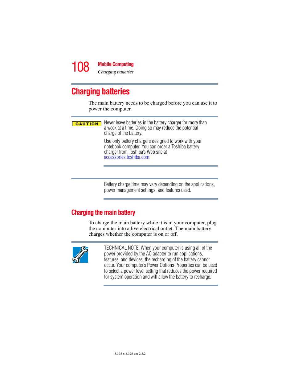 Charging batteries, Charging the main battery | Toshiba P100/P105 User Manual | Page 108 / 280