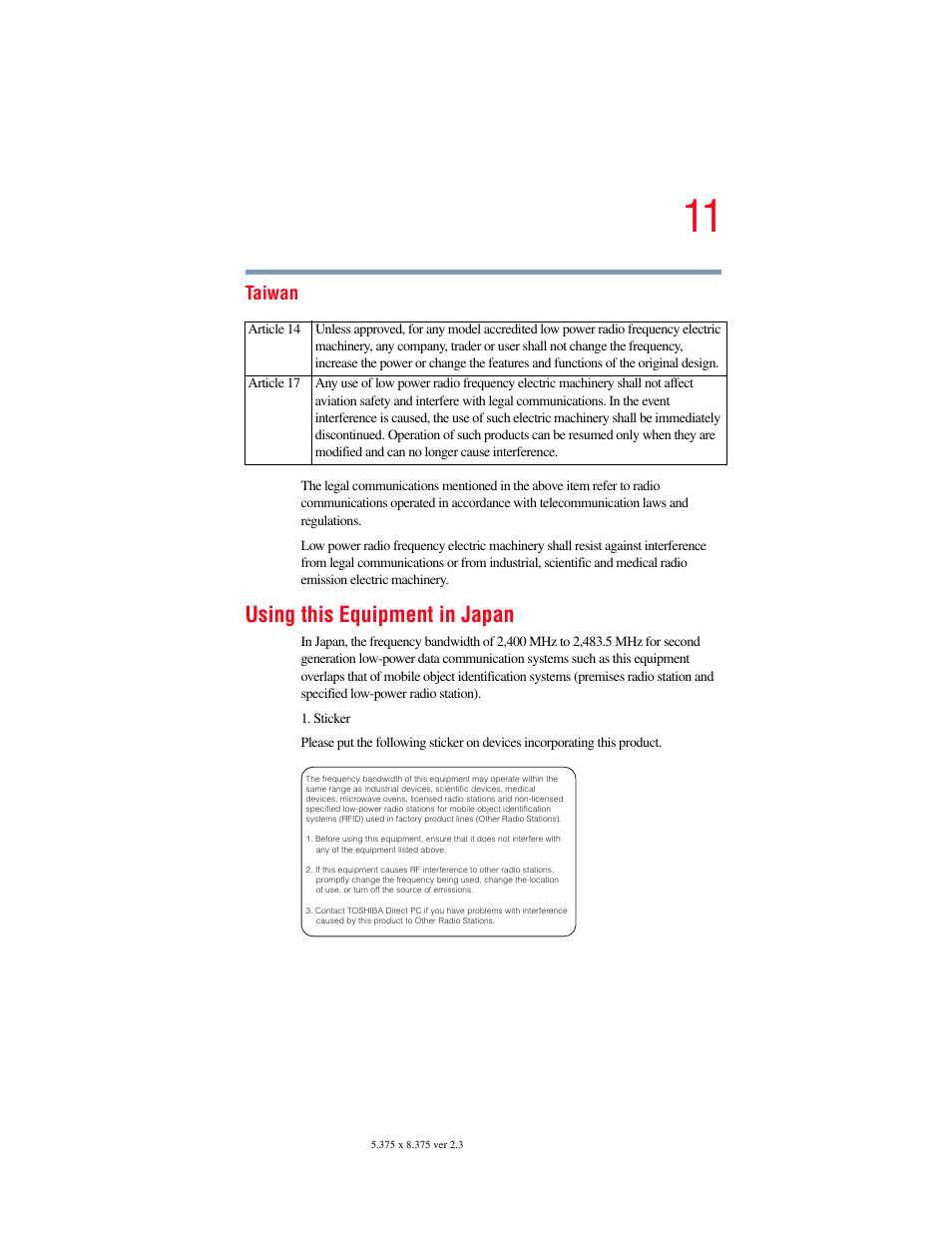 Using this equipment in japan, Taiwan | Toshiba P100/P105 User Manual | Page 11 / 280