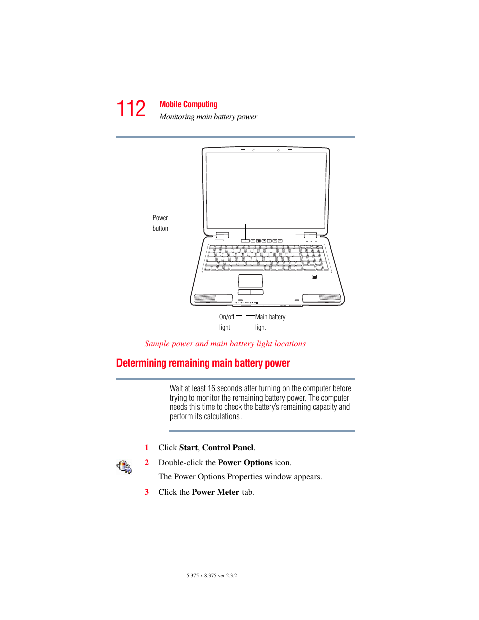 Determining remaining main battery power | Toshiba P100/P105 User Manual | Page 112 / 280