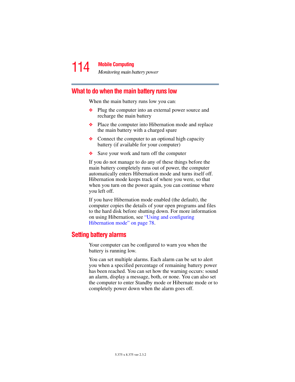 What to do when the main battery runs low, Setting battery alarms | Toshiba P100/P105 User Manual | Page 114 / 280