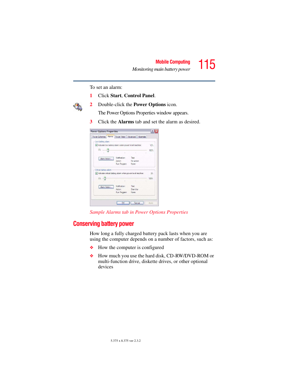 Conserving battery power | Toshiba P100/P105 User Manual | Page 115 / 280