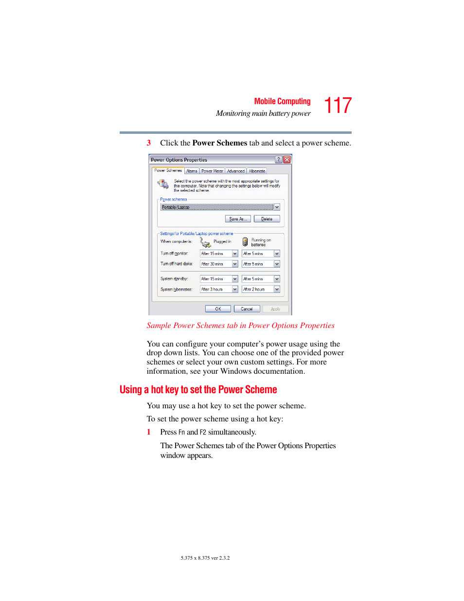 Using a hot key to set the power scheme | Toshiba P100/P105 User Manual | Page 117 / 280