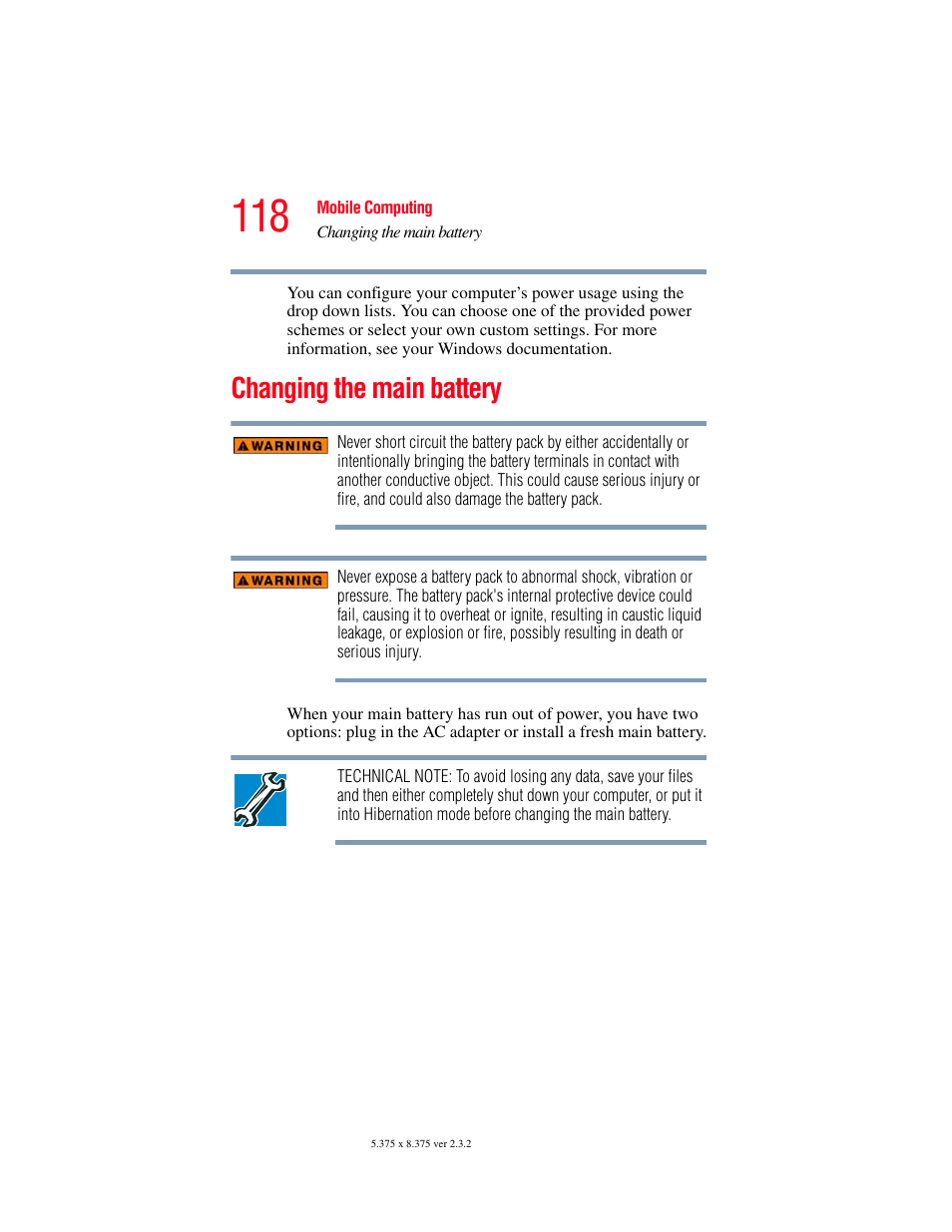 Changing the main battery, Changing the main battery” on | Toshiba P100/P105 User Manual | Page 118 / 280