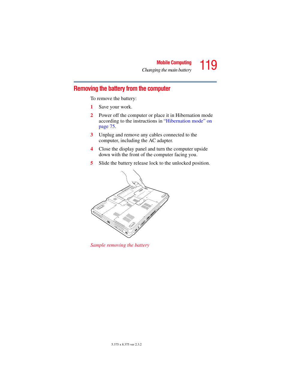 Removing the battery from the computer | Toshiba P100/P105 User Manual | Page 119 / 280