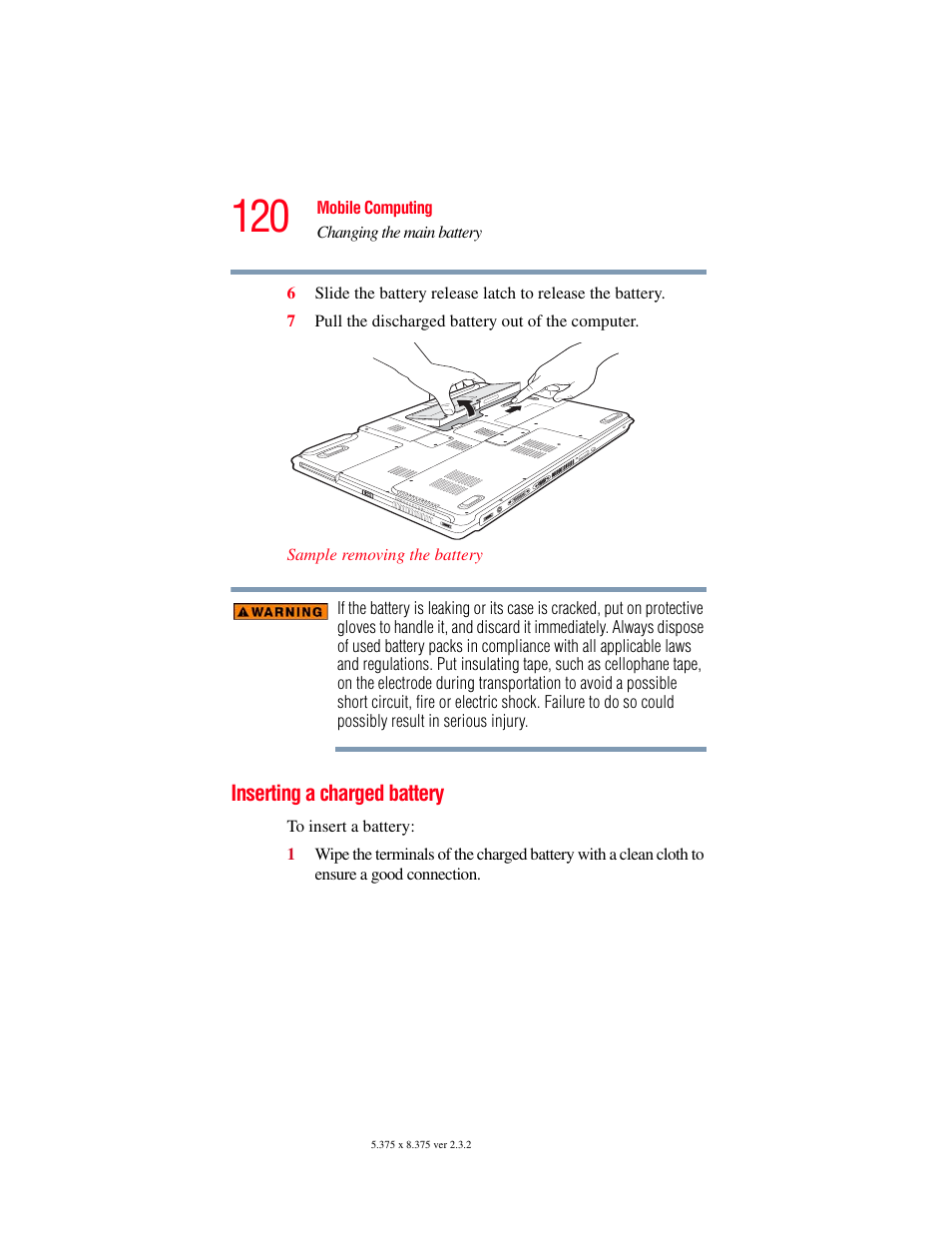 Inserting a charged battery | Toshiba P100/P105 User Manual | Page 120 / 280