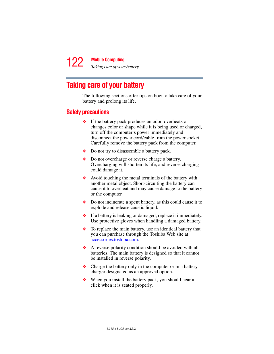 Taking care of your battery, Safety precautions | Toshiba P100/P105 User Manual | Page 122 / 280